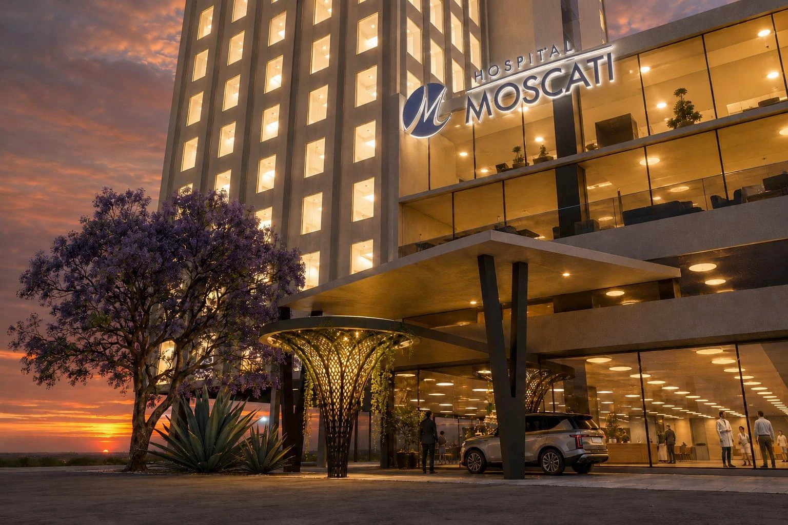 Render del arquitecto: la entrada del hospital al atardecer