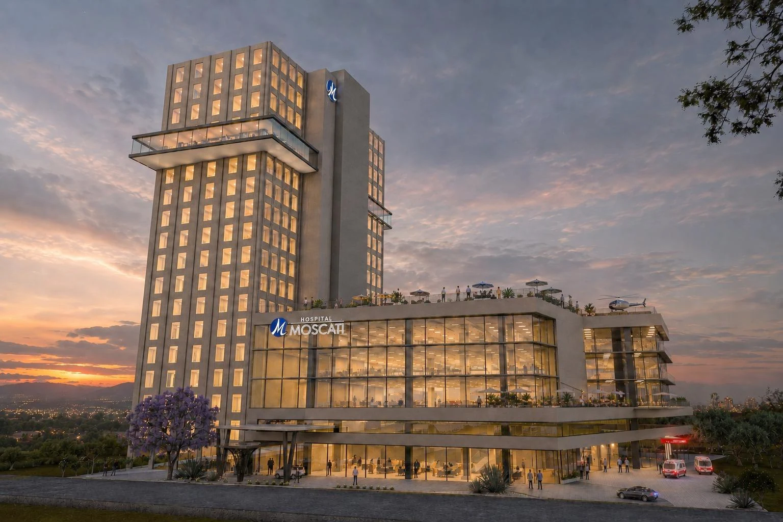 Render del arquitecto: la torre y el basamento iluminados