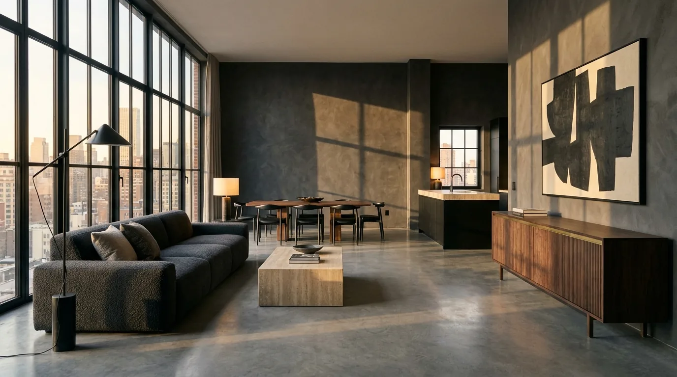 Sala de un loft urbano con sofá de bouclé, mesa de travertino y aparador de nogal