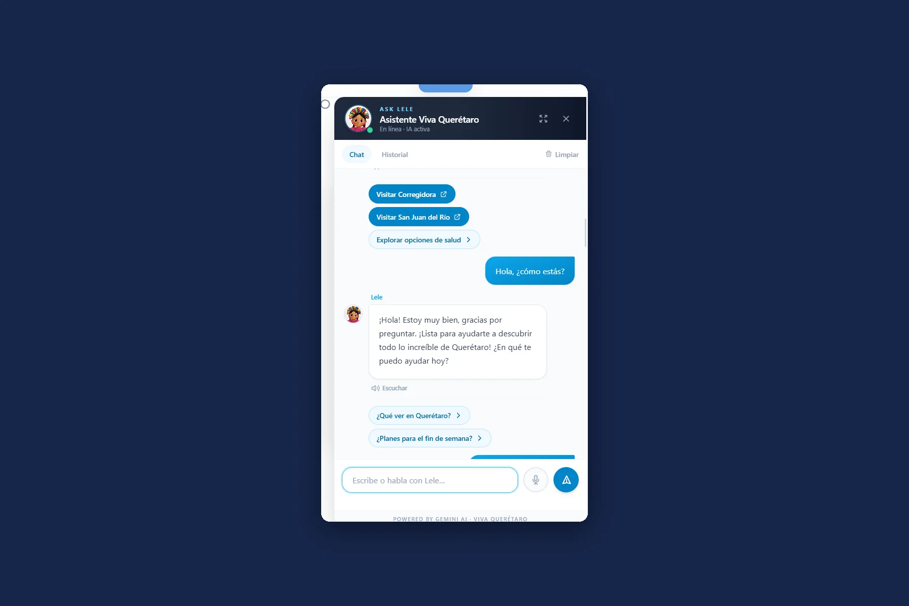 El chat del portal respondiendo qué ver en Querétaro