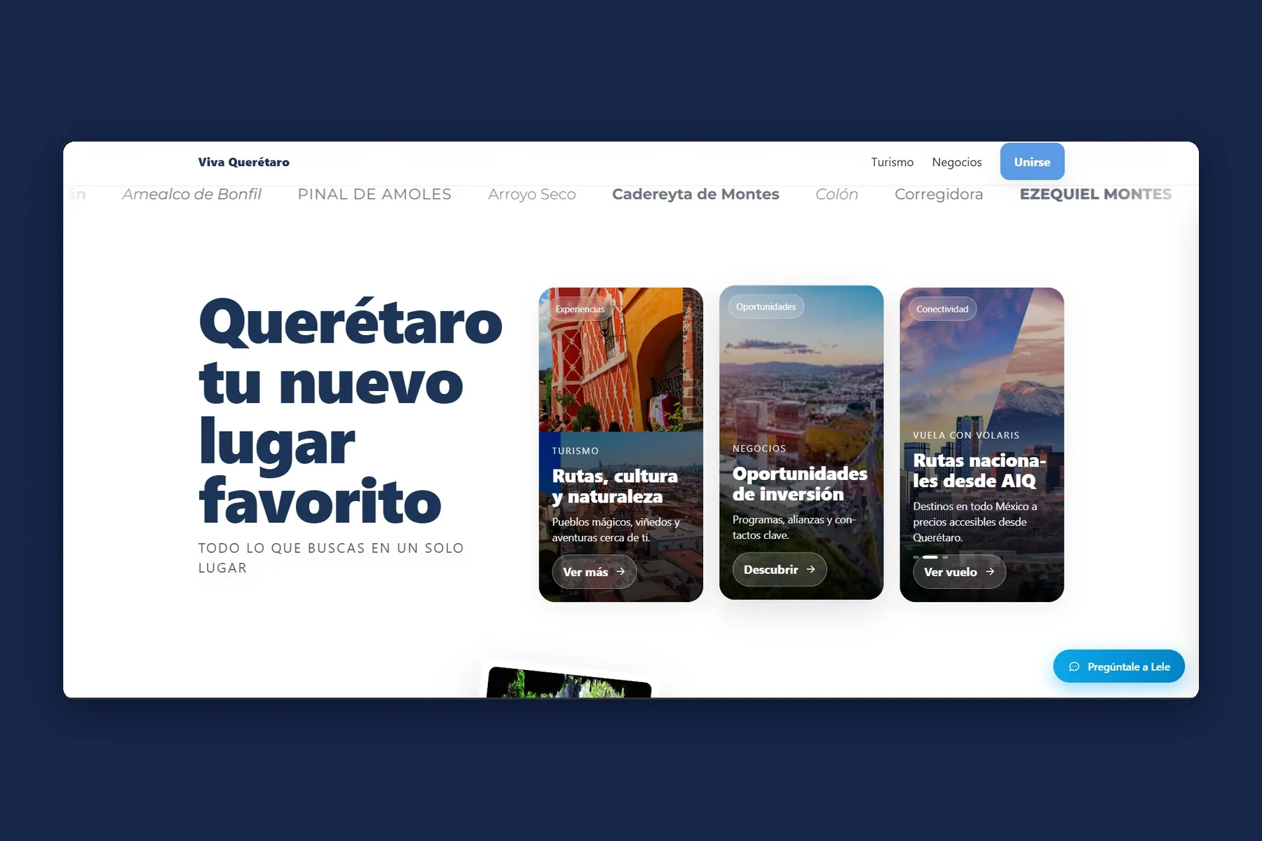 La portada del portal Viva Querétaro: turismo, negocios y conectividad