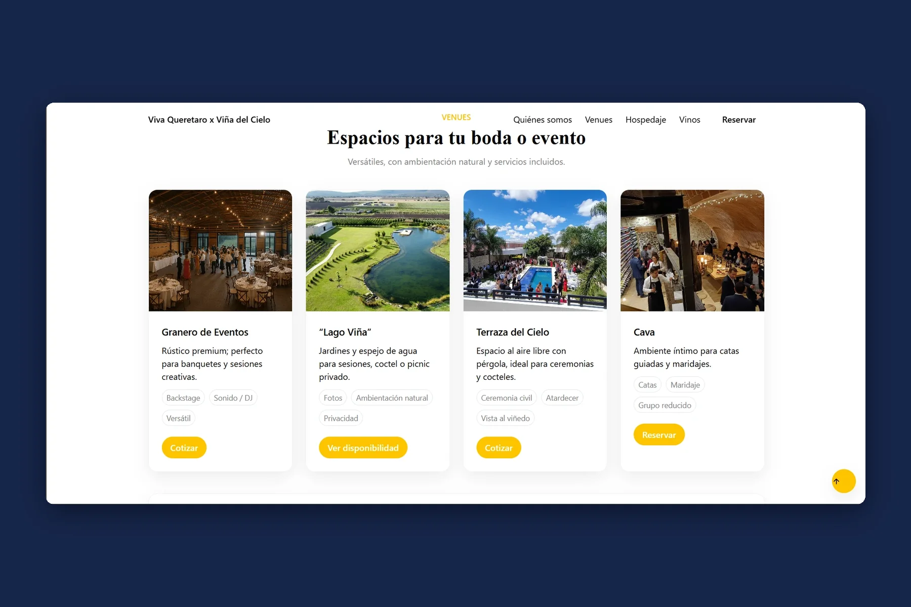 La página de Viña del Cielo dentro del portal: sus espacios para bodas y eventos